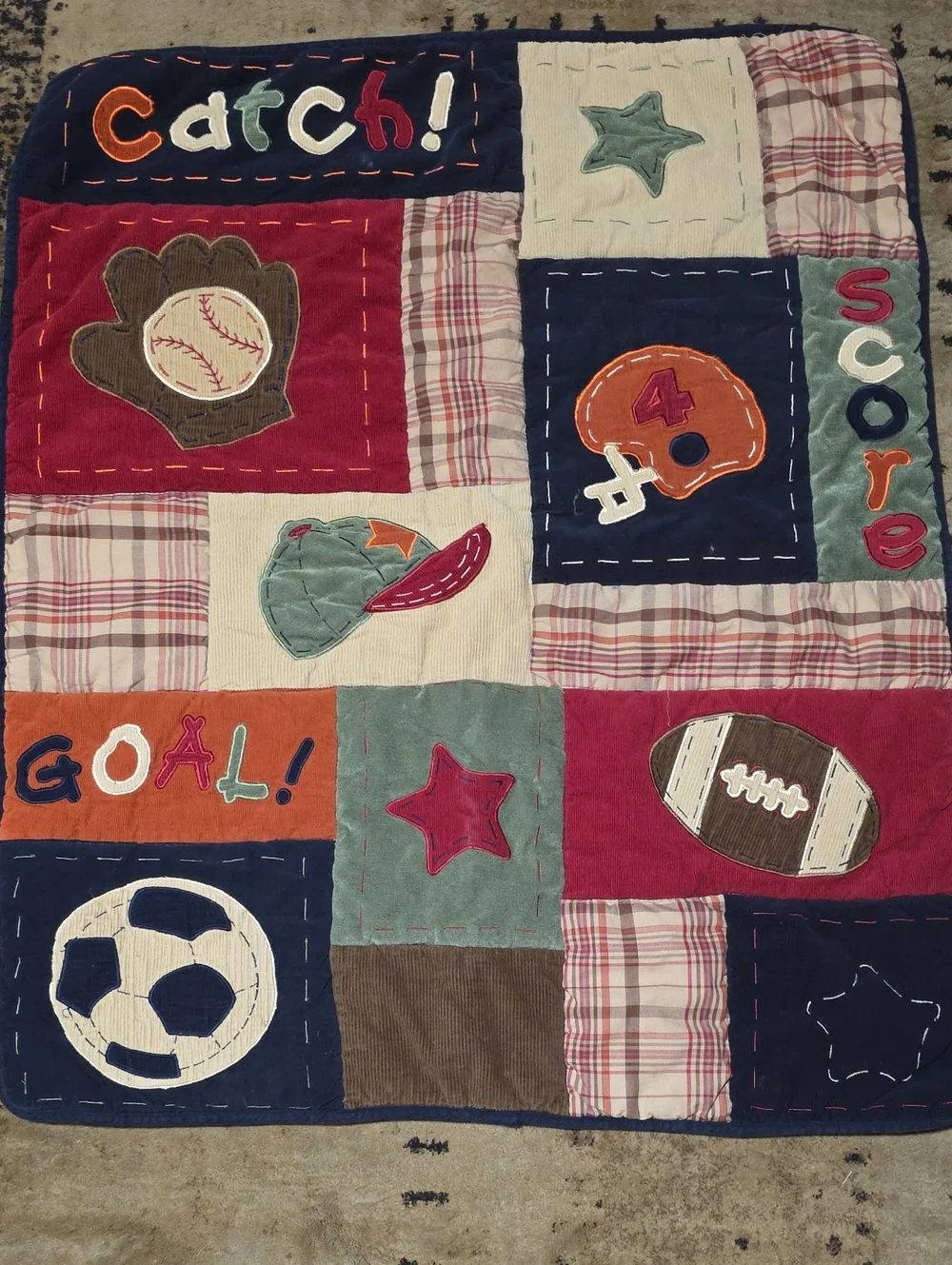 Kids Sports Patchwork Play Quilt - Navy, Red, Orange, Green, Cream.